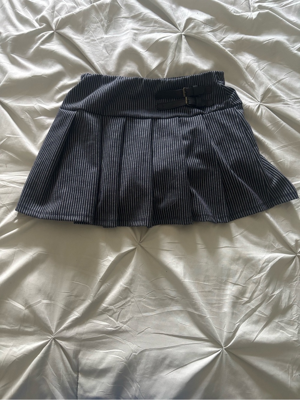 Dark Blue Striped Women's Pleated Skirt With Built-In Belt